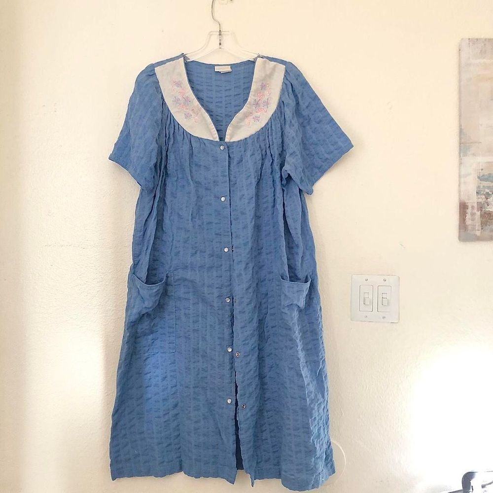 90s Cottagecore Blue white floral slip nightgown dress embroidered floral collar